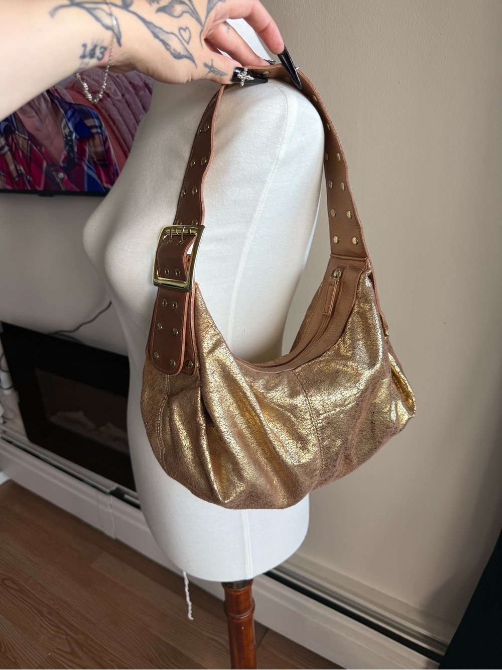 Baby Phut Metallic Gold Shoulder Bag with Brown Studded Strap